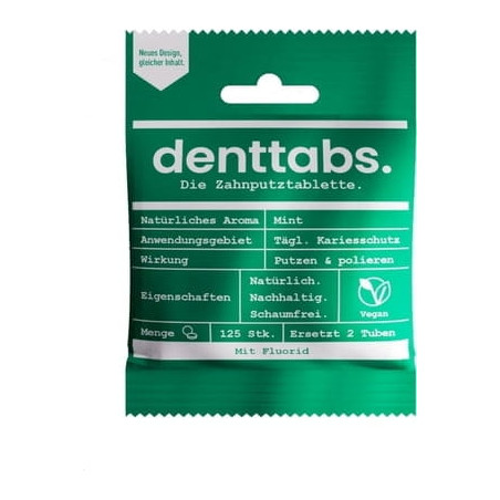Denttabs - Tabletki do mycia zębów z fluorem, miętowe 125 szt.