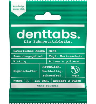 Denttabs - Tabletki do mycia zębów bez fluoru, miętowe 125 szt.